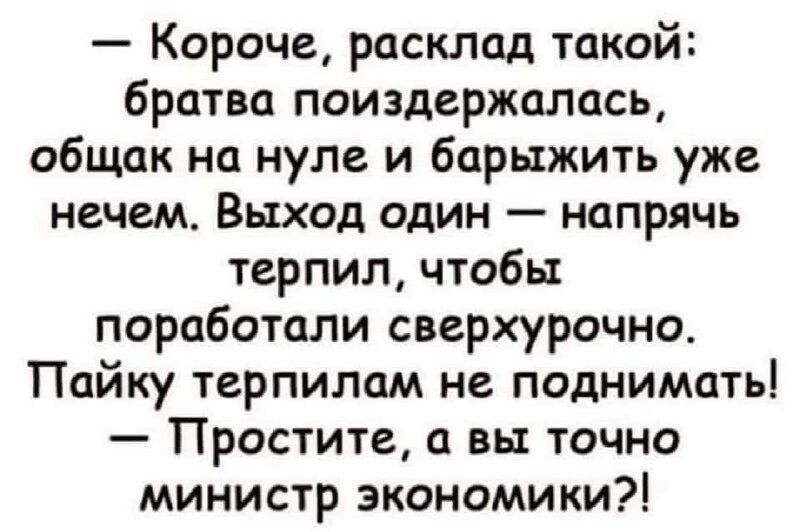 Короче расклад такой братва поиздержалась общак на нуле и барыжить уже нечем Выход один напрячь терпил чтобы поработали сверхурочно Пайку терпилам не поднимать Простите а вы точно министр экономики