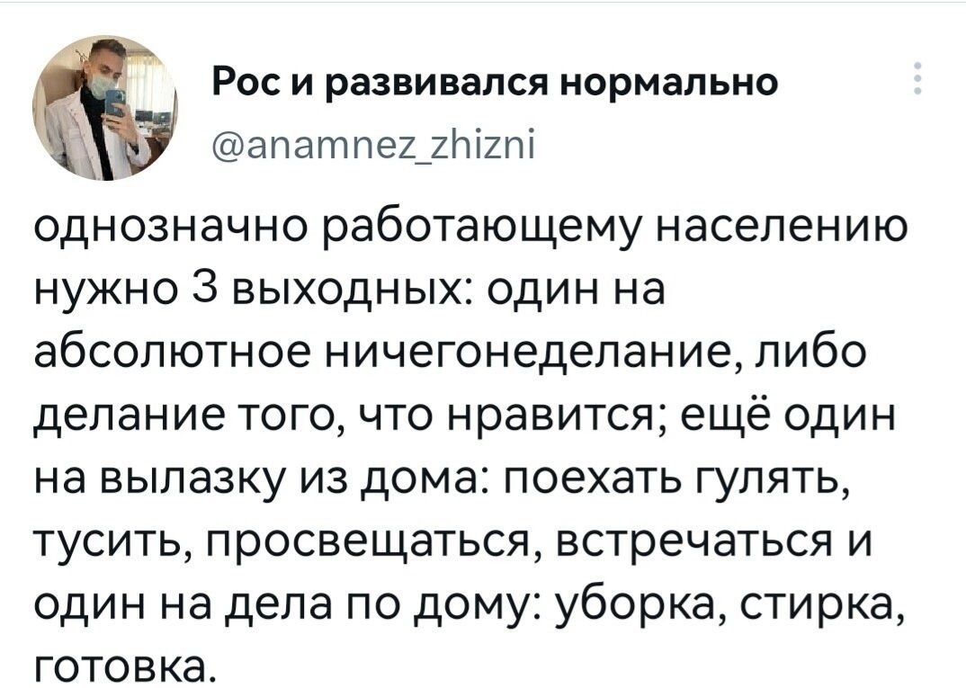 Рос и развивался нормально апатпеи или однозначно работающему населению нужно 3 выходных один на абсолютное ничегонеделание либо делание того что нравится ещё один на вылазку из дома поехать гулять тусить просвещаться встречаться и один на дела по дому уборка стирка готовка