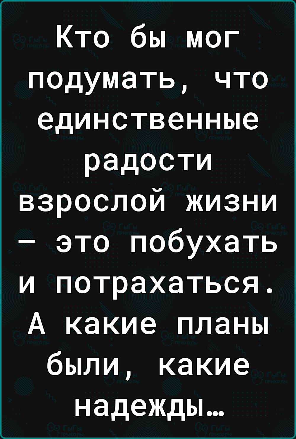 Кто бы мог подумать что единственные радости взрослой жизни это побухать и потрахаться А какие планы были какие надежды