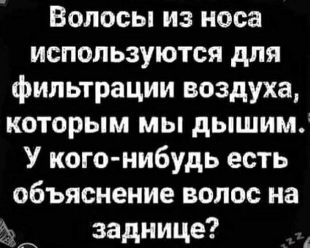 Волосы из носа используются для фильтрации воздуха которым мы дышим У кого нибудь есть объяснение волос на заднице