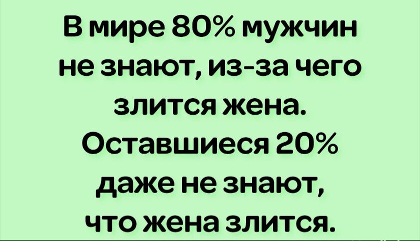 В мире 80 мужчин не знают изза чего злится жена Оставшиеся 20 даже не знают что жена злится