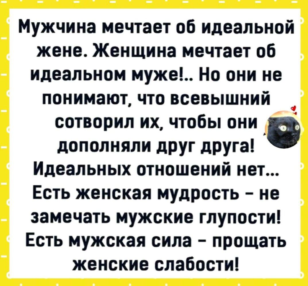 Мужчина мечтает об идеальной жене Женщина мечтает об идеальном муже Но они не понимают что всевышний сотворил их чтобы они дополняли друг друга Идеальных отношений нет Есть женская Мудрость не замечать мужские глупости Есть мужская сила прощать женские слабости