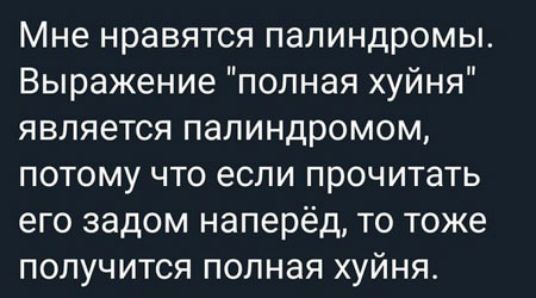 Мне нравятся палиндромы Выражение полная хуйня является палиндромом потому что если прочитать его задом наперёд то тоже получится полная хуйня