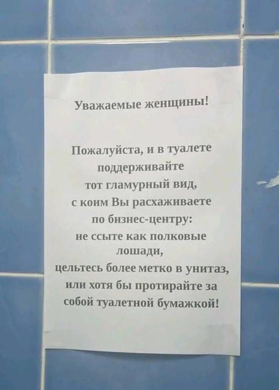 Уважаемые женщины Пожалуйста и в туалете поддерживайте тот гламурный вид коим Вы расхаживапе пп бизнес центру ИЕ ССЬПЕ как ППЛКОВЬПЕ лошади Цепьтиь более метко в ушпц бы протирайп за __ спбпі Тувлпной бумт