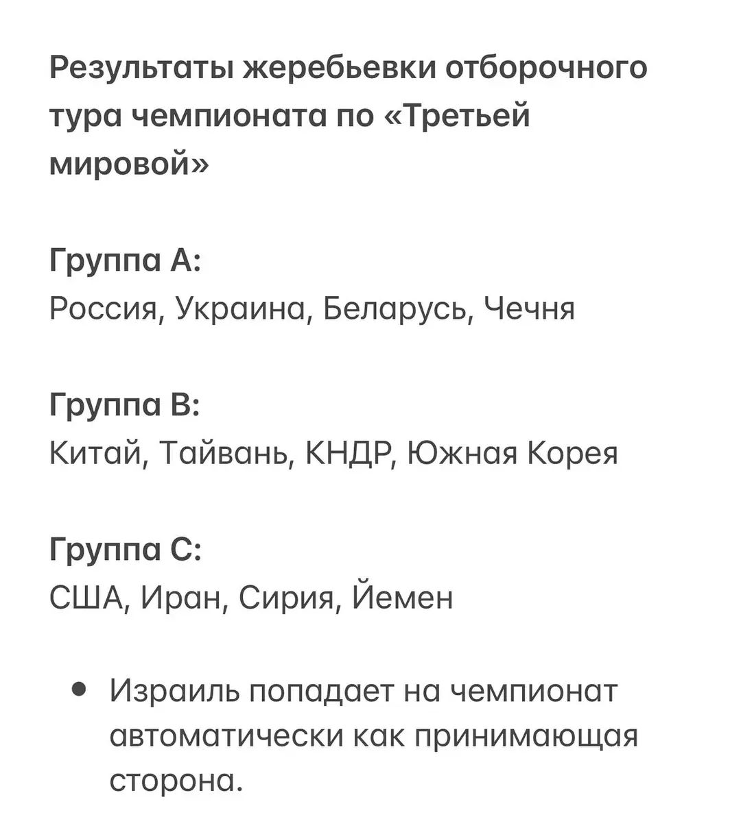 Результаты жеребьевки отборочного тура чемпионата по Третьей мировой Группа А Россия Украина Беларусь Чечня Группа В Китай Тайвань КНДР Южная Корея Группа С США Иран Сирия Йемен Израиль попадает на чемпионат автоматически как принимающая сторона
