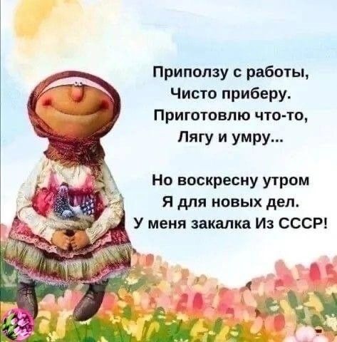 Приползу работы Чисто приберу Приготовлю что то Пягу и умру Но воскресиу утром я для новых дел У меня закалка Из СССР