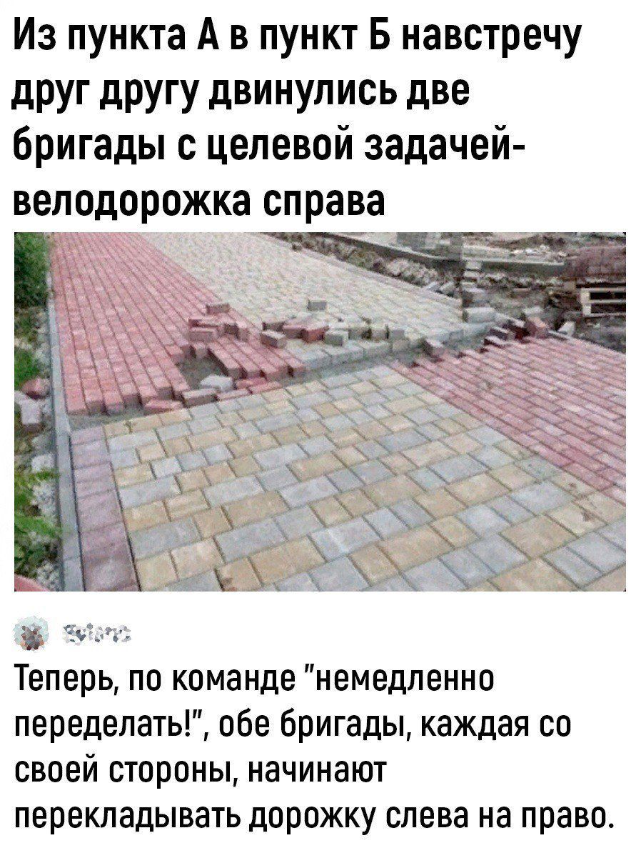 Из пункта А в пункт В навстречу друг другу двинулись две Бригады с целевой задачей веподорожка справа ауд Теперь по команде немедпеннп переделать обе бригады каждая со своей страны начинают ПЕрЕКЛЗДЫВЗТЬ дорожку слева на право