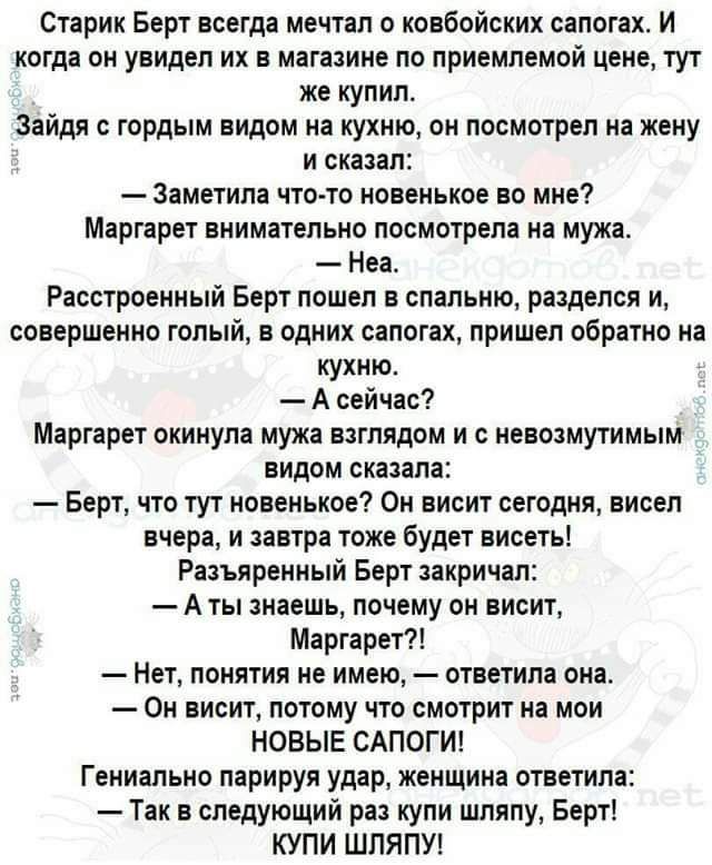 Старик Берг всегда мечтал ковбойских сапогах И когда он увидел их в магазине по приемлемой цене тут же купил зайдя с гордым видом на кухню он посмотрел на жену и сказал Заметим что то новенькое во мне Маргарет вниметельно посмотрела ня мужа Неа Расстроенный Берт пошел в спальню разделся и совершенно голый одних сапогах пришел обротно на кухню А сейчас Маргарет окинул муже взглядом и невозмутимым в