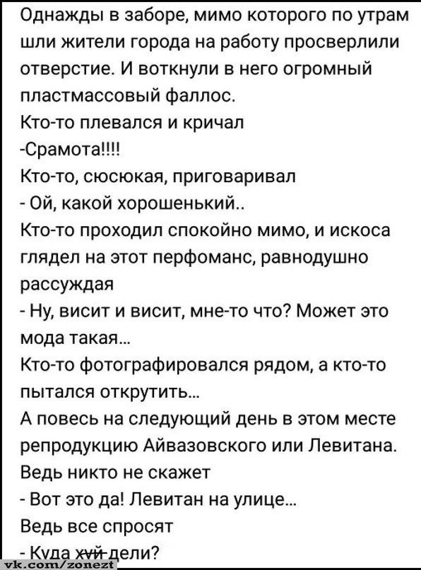 Однажды в заборе мимо которого по утрам шпи жители города на работу просверлили отверстие И воткнули в него огромный пластмассовый фаллос Кто то плевался и кричал Срамота Ктото сюсюкая приговаривал Ой какой хорошенький Кто то проходил спокойно мимо и искоса глядел на этот перфоманс равнодушно рассуждая Ну висит и висит мне то что Может это мода такая Кто то фотографировапся рядом а кто то пытался 