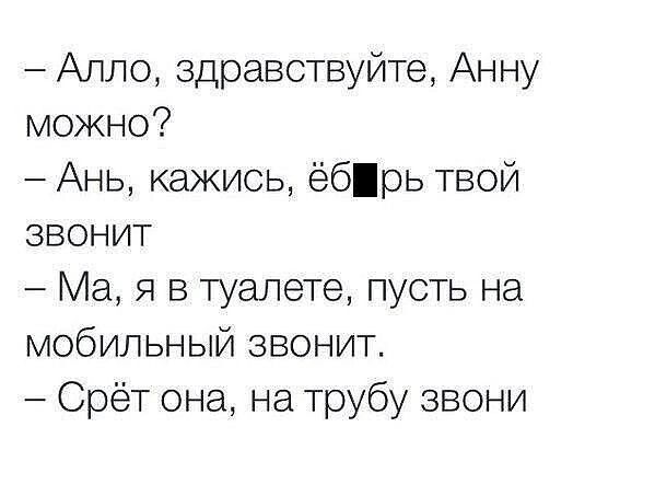 Алло здравствуйте Анну можно Ань кажись ёбрь твой звонит Ма я в туалете пусть на мобильный звонит Срёт она на трубу звони