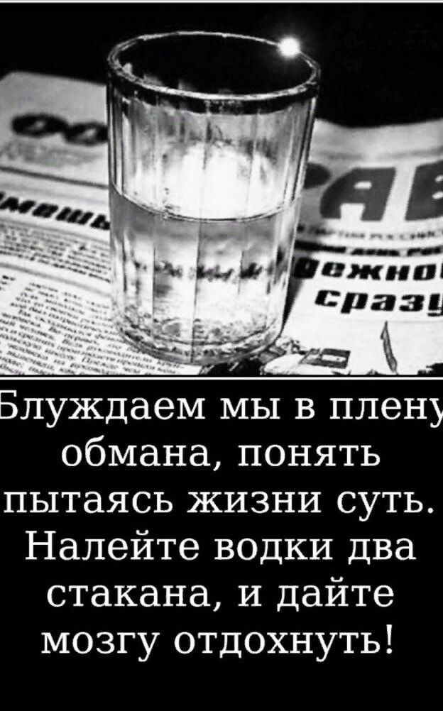 Блуждаем мы в плен обмана понять пытаясь жизни суть Налейте водки два стакана и дайте мозгу отдохнуть