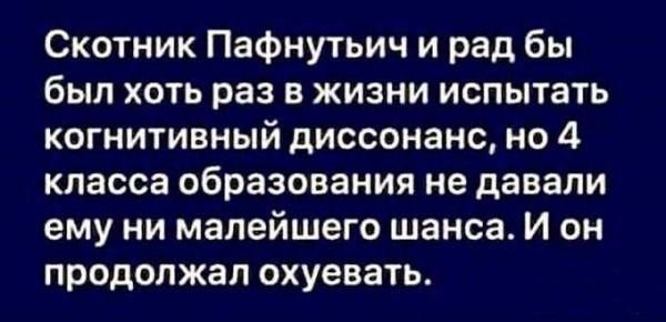 Скотник Пафнутьич и рад бы был хоть раз в жизни испытать когнитивный диссонанс но 4 класса образования не давали ему ни малейшего шанса И он продолжал охуевать