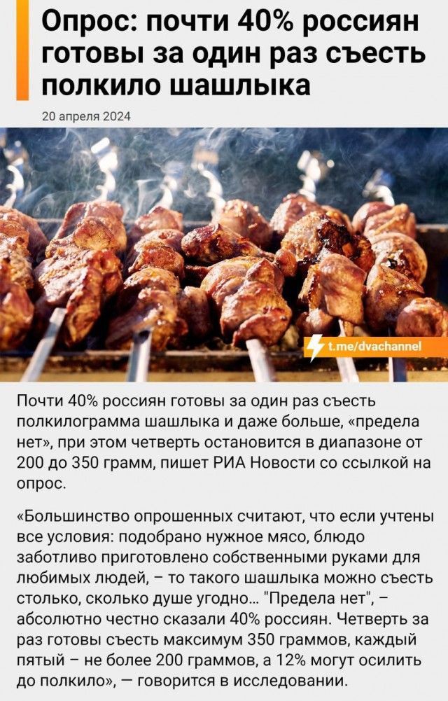 Опрос почти 40 россиян готовы за один раз съесть полкило шашлыка гп апреля гоп Понти 40 россиян готовы за один раз съесть полкилограмма шашлыка и даже больше предела нет при этом четверть остановится в диапазоне от 200 до 350 грамм пишет РИА Новости со ссылкой на опроо Большинство опрошенных считают что если учтены все условия подобрано нужное мясо блюдо заботливо приготовлено собственными руками 