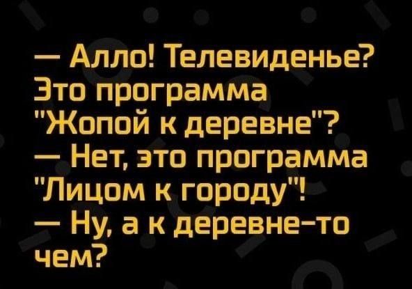 Алло Телевиденье Это программа Жопой к деревне Нет это программа Лицом к городу Ну а к деревнето чем