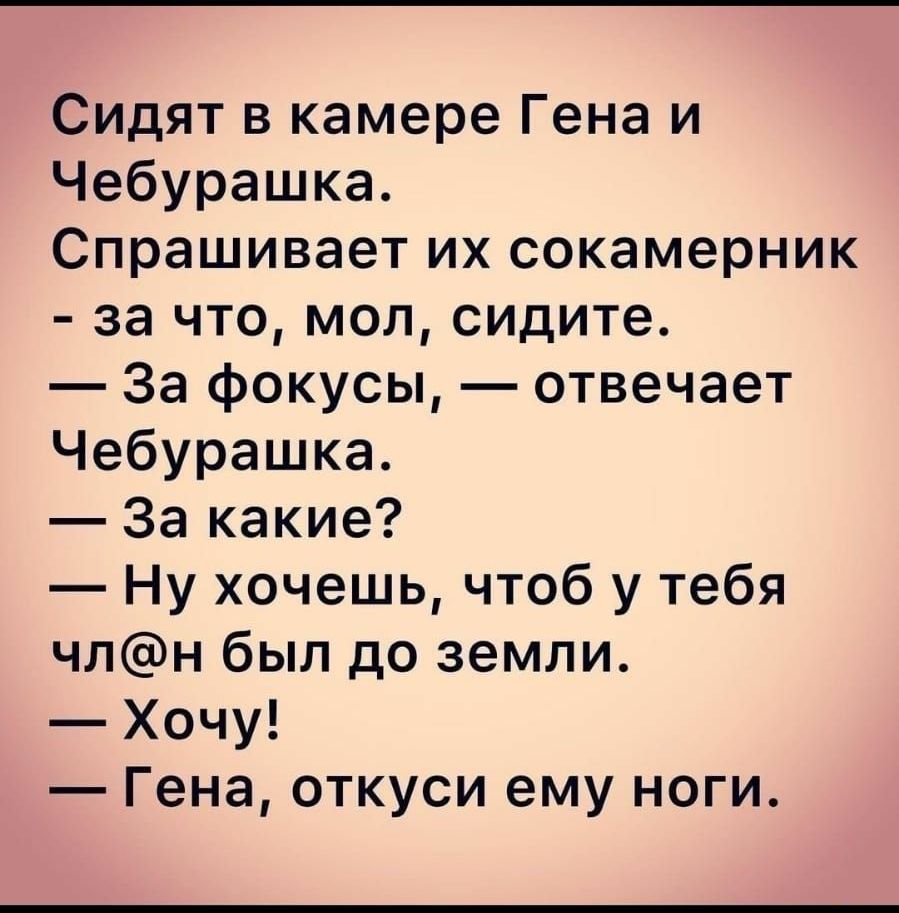 Сидят в камере Гена и Чебурашка Спрашивает их сокамерник за что мол сидите За фокусы отвечает Чебурашка За какие Ну хочешь чтоб у тебя члн был до земли Хочу Гена откуси ему ноги