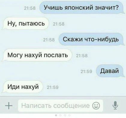 Учишь японский значит Ну пытаюсь Скажи чтонибудь Могу нахуй поспать давай Иди нахуй _