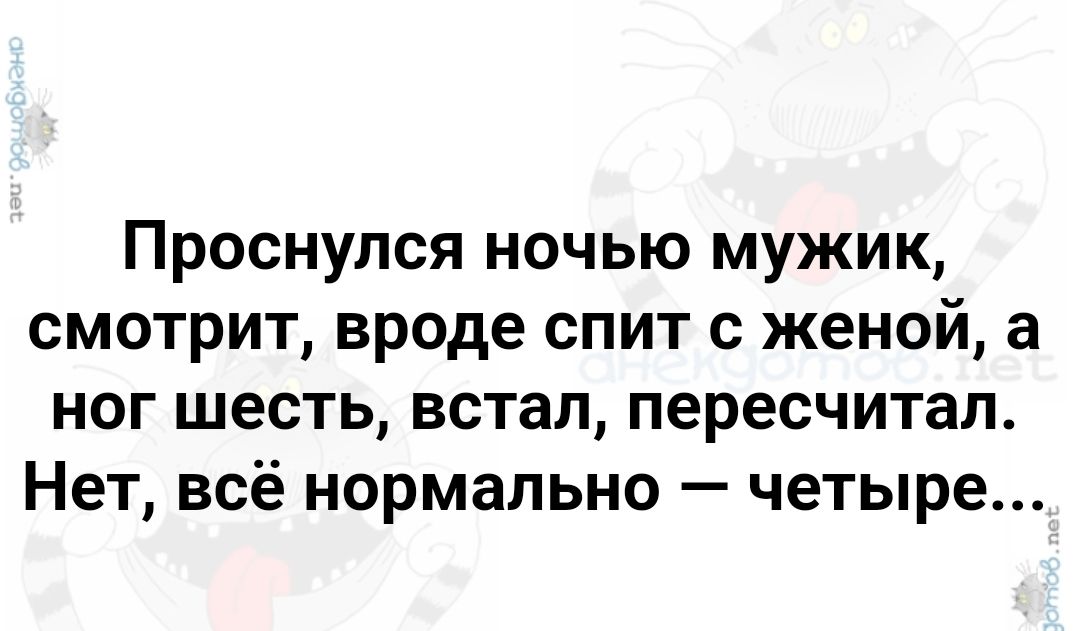 Проснулся ночью мужик смотрит вроде спит с женой а ног шесть встал пересчитал Нет всё нормально четыре