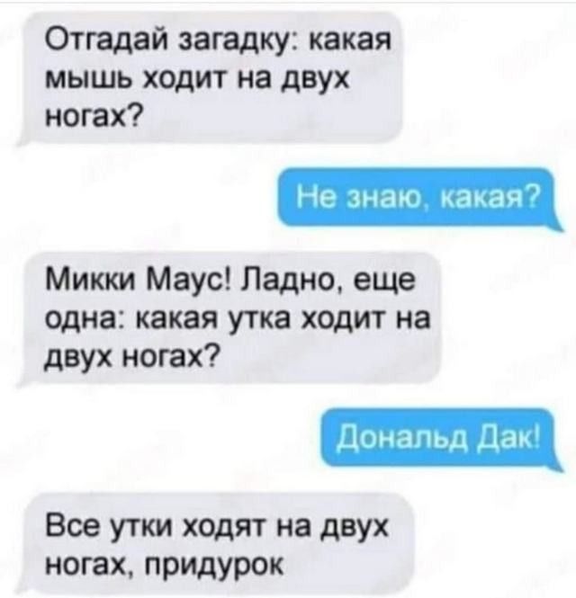 Оттдаи загадку такая мышь ходит на двух ногах Микки Маус Ладно еще одна какая УПШ ходит на двух ВМХ Всеутл ходят на двух ногах придурок м