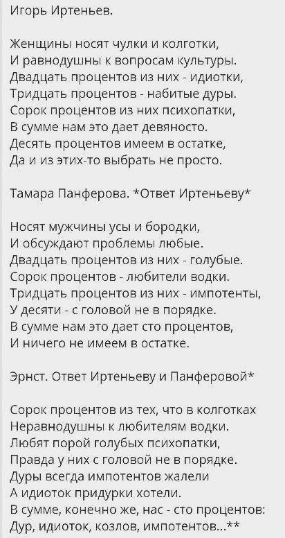 Игорь Иртеньев Женщины носят чулки и колготки И равнодушны к вопросам культуры Двадцать процентов из них идиотки Тридцать процентов набитые дуры Сорок процентов из них психопатии В сумме нам это дает девяносто Десять процентов имеем в остатке Да и из этихгто выбрать не просто Тамара Панферова Ответ Иртеньеву Носят мужчины усы и бородки И обсуждают проблемы любые двадцдть процентов из них голубые С