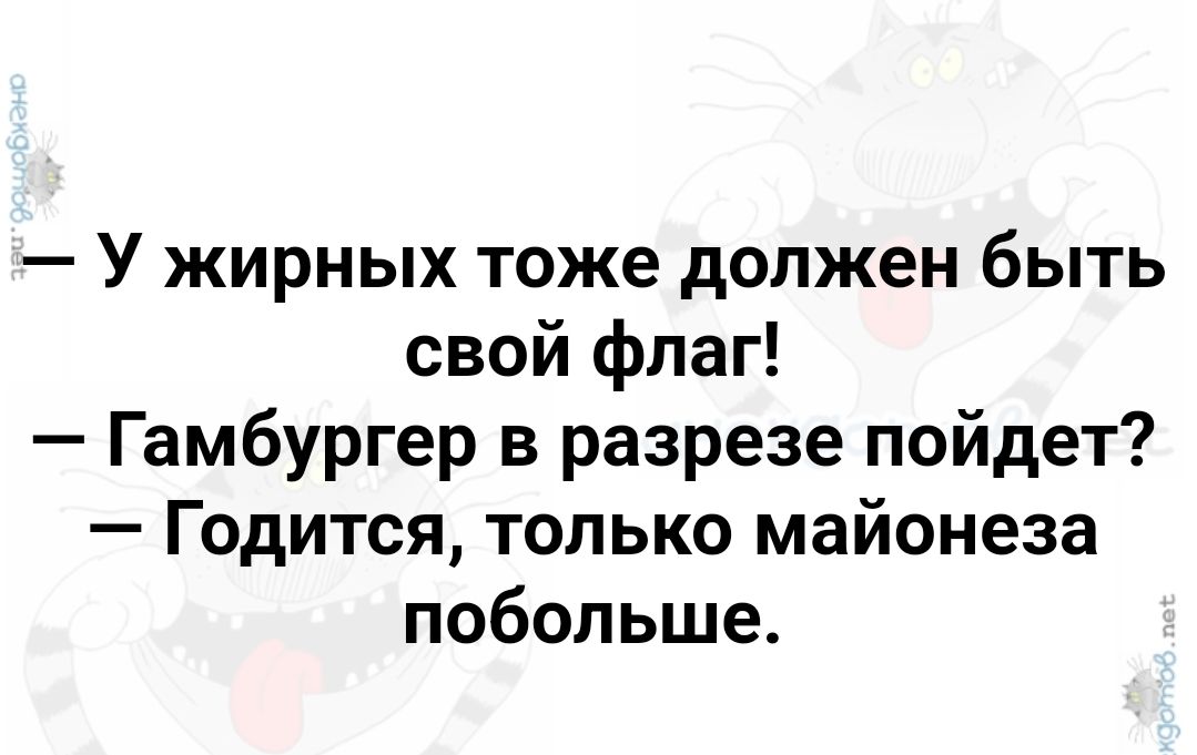 У жирных тоже должен быть свой флаг Гамбургер в разрезе пойдет Годится только майонеза побольше