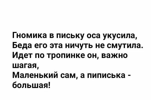 Гномика в письку оса укусила Беда его эта ничуть не смутила Идет по тропинке он важно шагая Маленький сам а пиписька большая