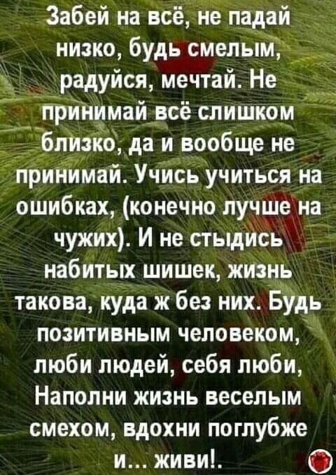 Забей на всё не падаи низко будь смельп___ _ радуйся мечтай Не _ь__ принимай всё слишком близко даи вообще не ринимай Учись учиться на ошибках конечно пучше на чужих И не стыдись набитых шишек жизнь такова куда Ж без них Бёдь позитивным человеком люби людей себя люби Наполни жизнь веселым смехом вдохни поглубже и живи О