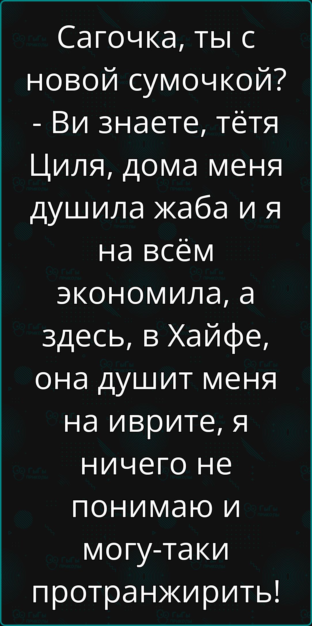 Сагочка ты с новой сумочкой Ви знаете тётя Циля дома меня душила жаба и я на всём экономила а здесь в Хайфе она душит меня на иврите я ничего не понимаю и могу таки протранжирить