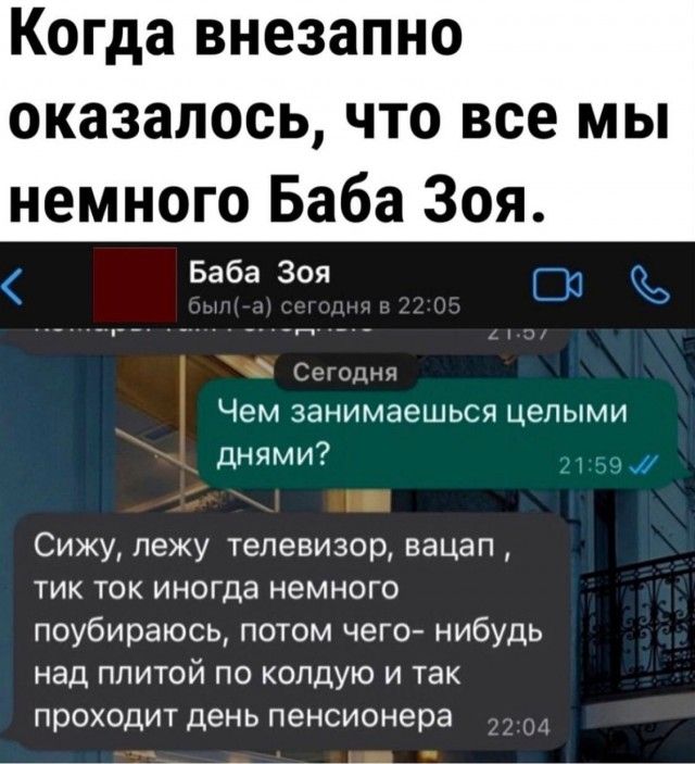 Когда внезапно оказалось что все мы немного Баба Зоя Баба Зоя МЫ З Сегодня Чем занимаешься целыми днями Сижу лежу телевизор вацап тик ток иногда немного поубираюсь потом чего нибудь над плитой по колдую и так проходит день пенсионера