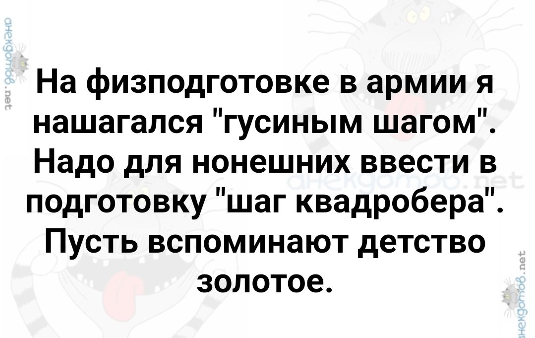 На физподготовке в армии я нашагался гусиным шагом Надо для нонешних ввести в подготовку шаг квадробера Пусть вспоминают детство золотое