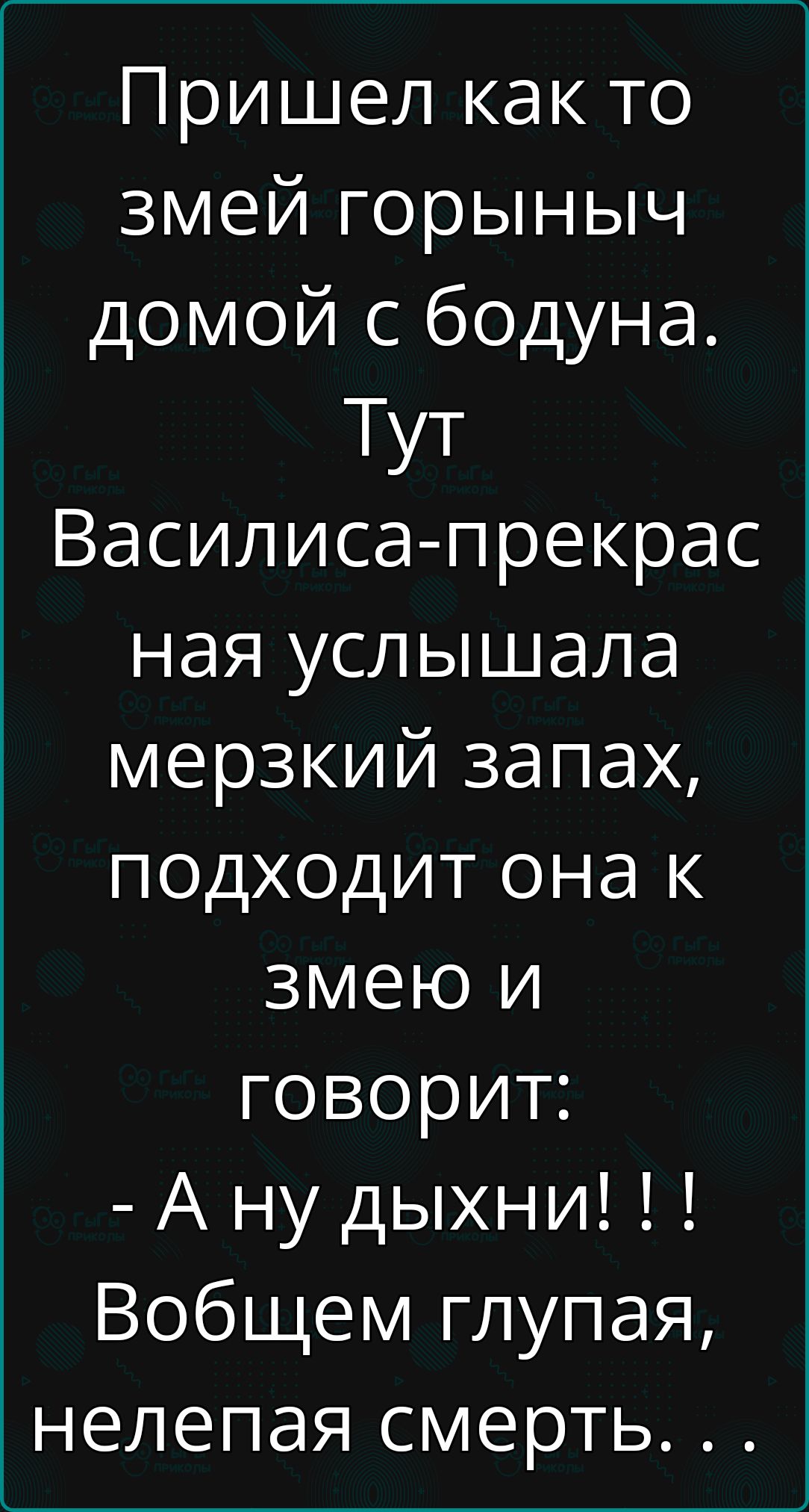 Пришел как то змей горыныч домой с бодуна Тут Василиса прекрас ная услышала мерзкий запах подходит она к змею и говорит А ну дыхни Вобщем глупая нелепая смерть