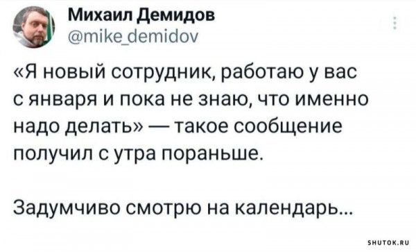 6 Михаил Демидов тке дептдоу Я новый сотрудник работаю у вас сянваря и пока не знаю что именно надо делать такое сообщение получил с утра пораньше Задумчиво смотрю на календарь