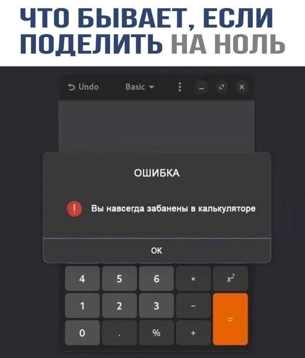 ЧТО БЫВАЕТ ЕСЛИ ПОДЕЛИТЬ НА НОЛЬ ОШИБКА Вы навсегда забанены в калькуляторе ок