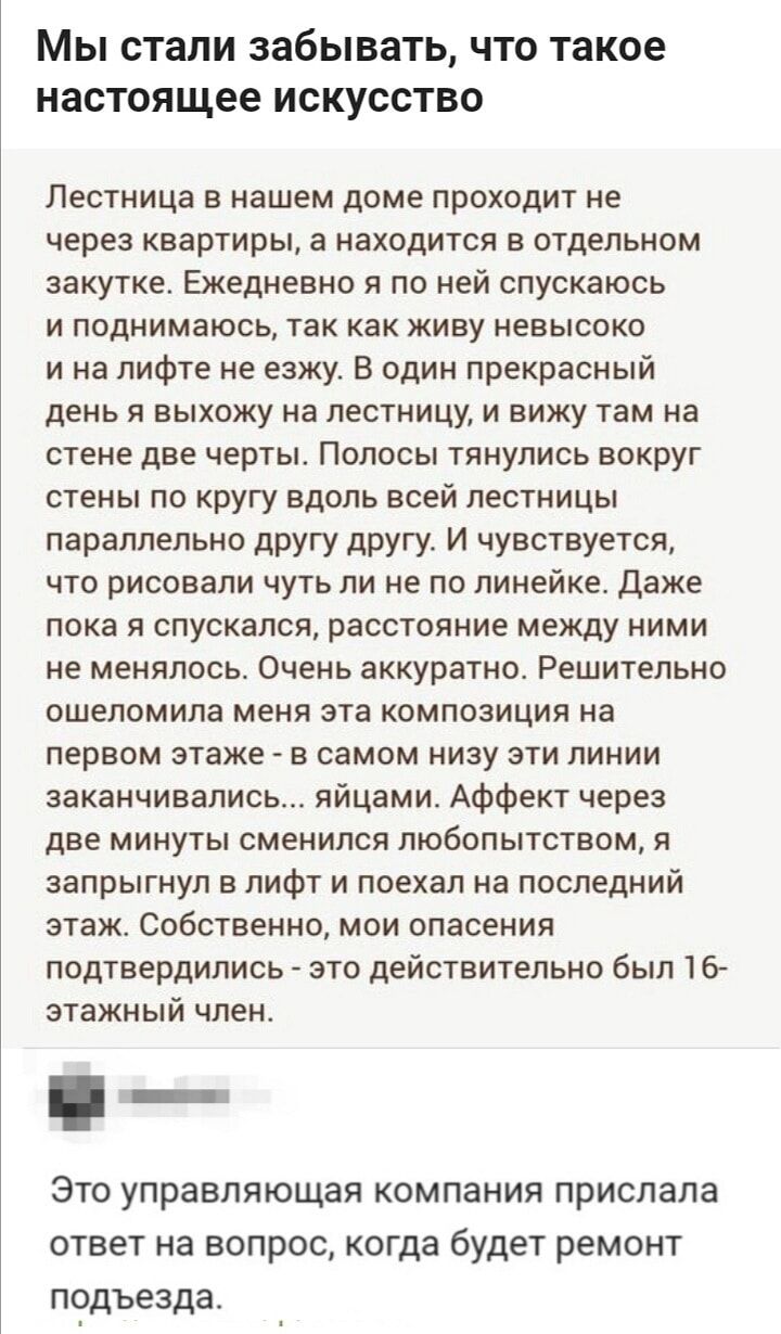 Мы стали забывать что такое настоящее искусство Лестница в нашем доме проходит не через квартиры а находится в отдельном закутке Ежедневно я по ней спускаюсь и поднимаюсь так как живу невысоко ина лифте не езжу В один прекрасный день я выхожу на лестницу и вижу там на стене две черты Полосы тянулись вокруг стены по кругу вдоль всей лестницы паралле