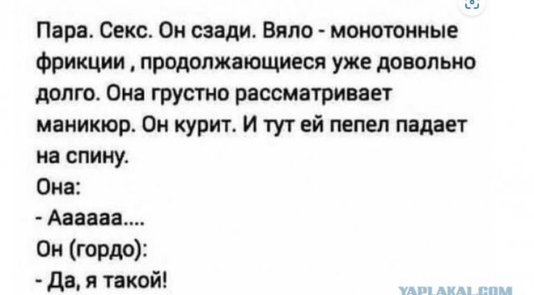 Пара Секс Он сзади Вяло монотонные фрикции продолжающиеся уже довольно долго Она грустно рассматривает маникюр Он курит И тут ей пепел падает на спину Она Аааааа Он гордо Да я такой