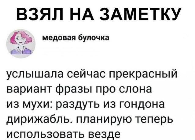 ВЗЯЛ НА ЗАМЕТКУ медовая булочка услышала сейчас прекрасный вариант фразы про слона из мухи раздуть из гондона дирижабль планирую теперь использовать везде