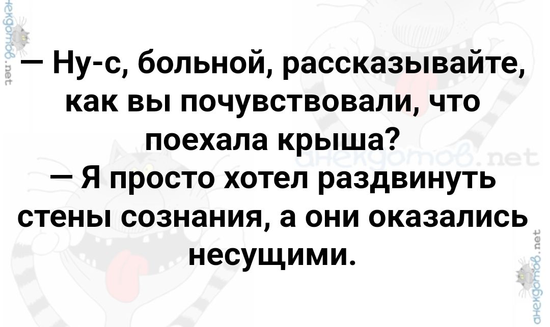 Ну с больной рассказывайте как вы почувствовали что поехала крыша Я просто хотел раздвинуть стены сознания а они оказались несущими