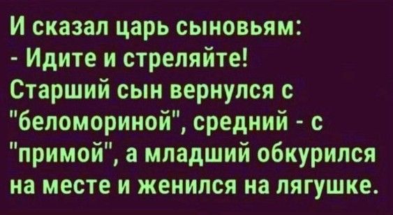 И сказал царь сыновьям Идите и стреляйте Старший сын вернулся с беломориной средний с примой а младший обкурился на месте и женился на лягушке