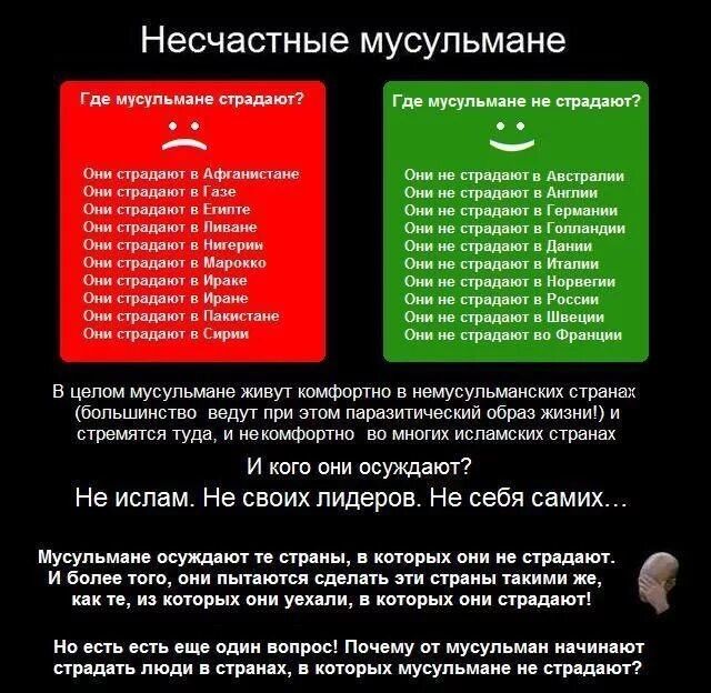 Несчастные мусульмане Где мусульмане не страдают Фнн о страдант в Австралии Ония не страдают в Англми н ме страдают в Германя Фна не страдаюог в Гопазндии Фн мо страдают в Даний Они н страдают в Игалия Оня не страдают в Норвесии О ме страдают в России О мо страдают в Швеции н не страдают во Франции В целом мусульмане живут комфортно в немусульманск