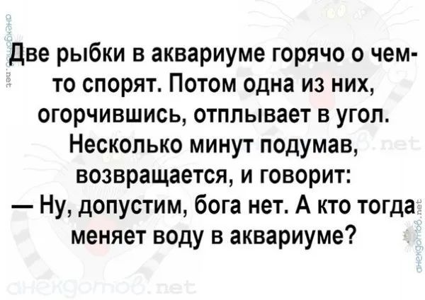 Две рыбки в аквариуме горячо о чем то спорят Потом одна из них огорчившись отплывает в угол Несколько минут подумав возвращается и говорит Ну допустим бога нет А кто тогда меняет воду в аквариуме