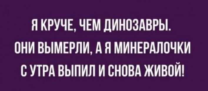 Я КРУЧЕ ЧЕМ ДИНОЗАВРЫ ОНИ ВЫМЕРЛИ А Я МИНЕРАЛОЧКИ СУТРА ВЫПИЛ И СНОВА ЖИВОЙ