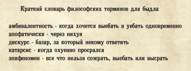 Краткий словарь философских терминов для быдла амбивалентность когда хочется выебать и уебать одновроменно апофатически через нихуя дискурс базар за который некому отватить катарсие когда охуенно просрался эпифеномен все что нельзя сожрать выебать или высрать