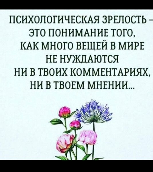 ПСИХОЛОГИЧЕСКАЯ ЗРЕЛОСТЬ ЭТО ПОНИМАНИЕ ТОГО КАК МНОГО ВЕЩЕЙ В МИРЕ НЕ НУЖДАЮТСЯ НИ В ТВОИХ КОММЕНТАРИЯХ НИ В ТВОЕМ МНЕНИИ