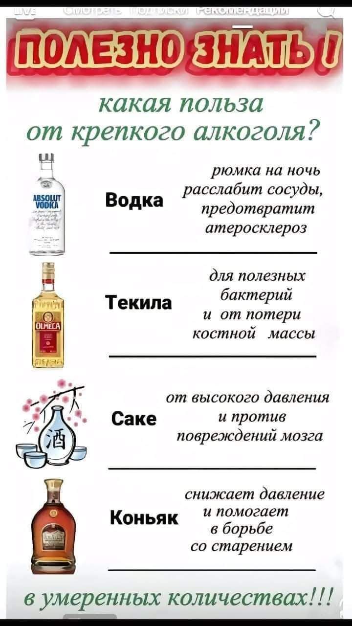 какая польза от крепкого алкоголя н рюмка на ночь расслабит сосуды к Водка предотвратит атеросклероз для полезных бактерий и от потери костной массы Текила от высокого давления Саке и против повреждений мозга снижает давление и помогает Коньяк в борьбе со старением в умеренных количествах