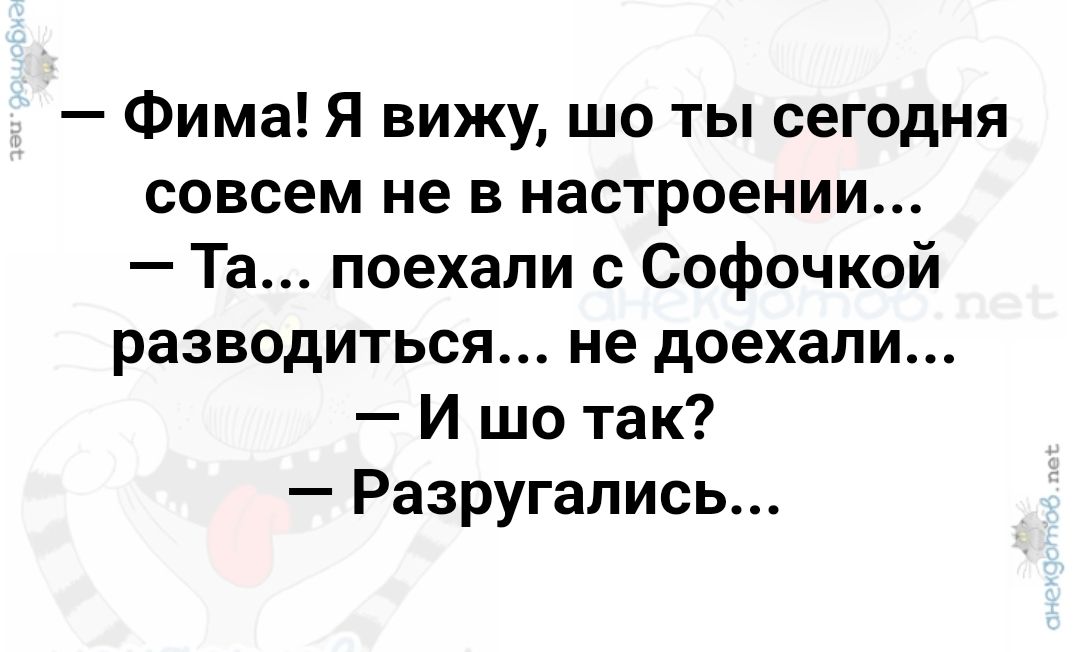 Фима Я вижу шо ты сегодня совсем не в настроении Та поехали с Софочкой разводиться не доехали И шо так Разругались