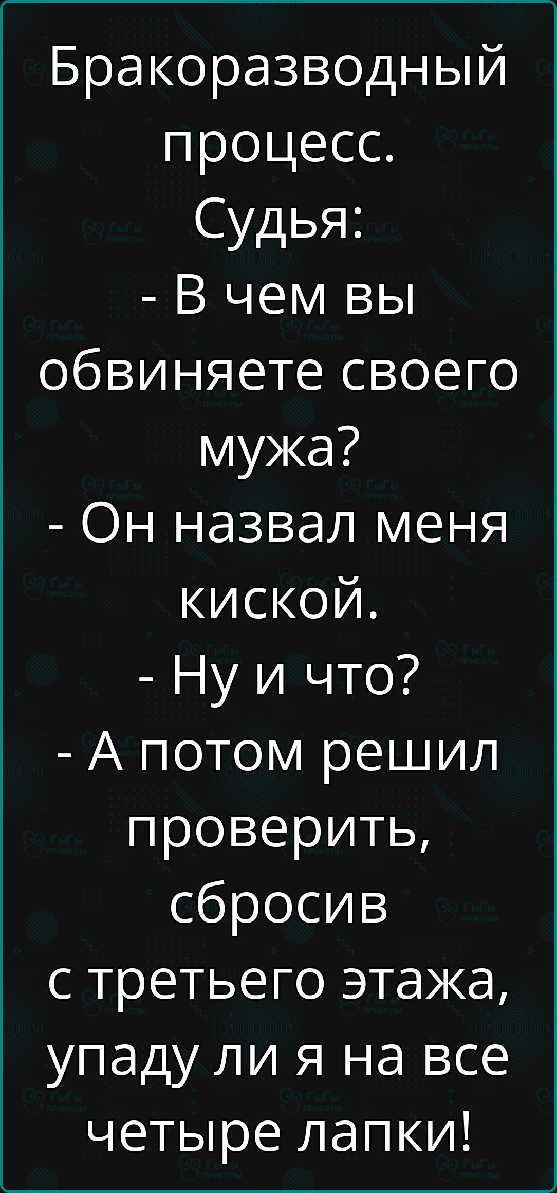 Бракоразводный процесс Судья В чем вы обвиняете своего мужа Он назвал меня киской Ну и что А потом решил проверить сбросив с третьего этажа упаду ли я на все четыре лапки