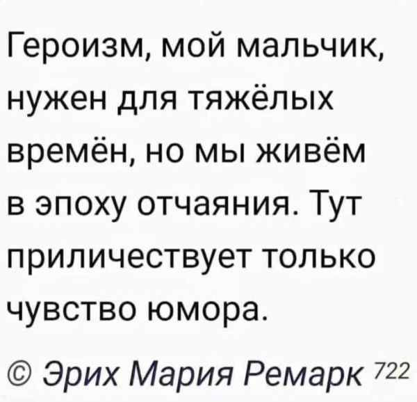 Героизм мой мальчик нужен для тяжёлых времён но мы живём в эпоху отчаяния Тут приличествует только чувство юмора Эрих Мария Ремарк 722