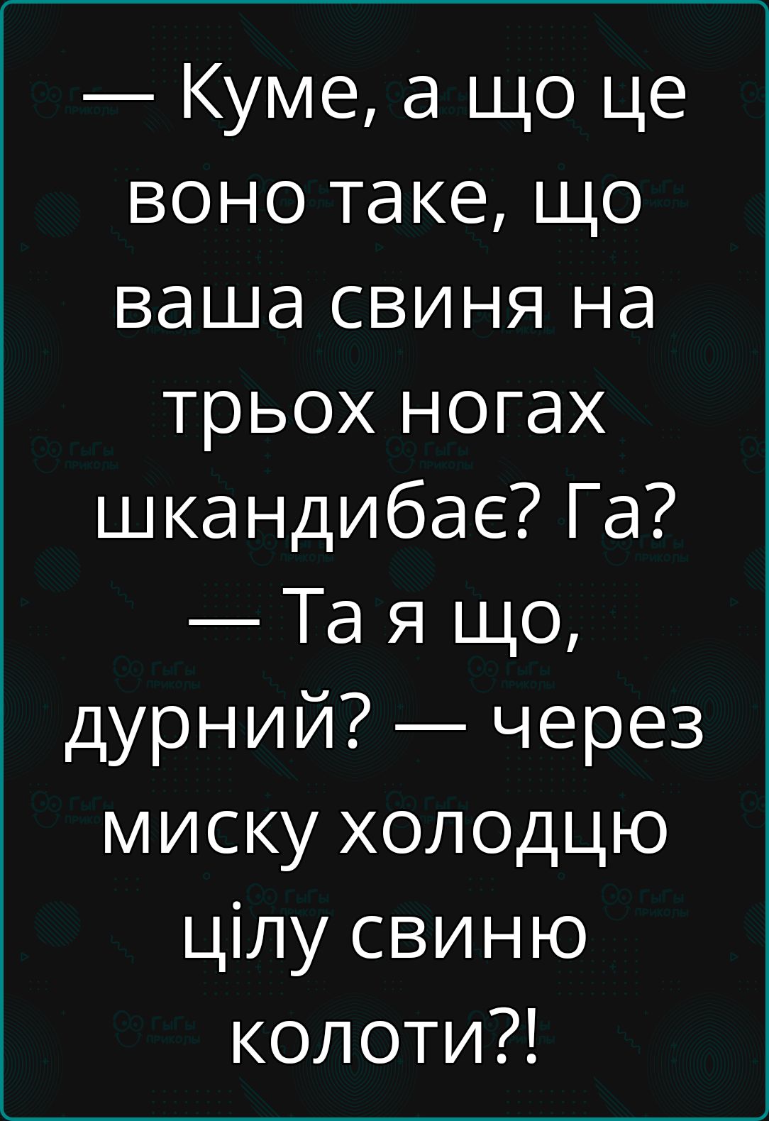 Куме а що це воно таке що ваша свиня на трьох ногах шкандибае Га Та я що дурний через миску холодцю щлу свиню колоти