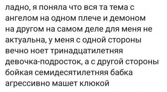 ладно я поняла что вся та тема с ангелом на одном плече и демоном на другом на самом деле для меня не актуальна у меня с одной стороны вечно ноет тринадцатилетняя девочка подросток а с другой стороны бойкая семидесятилетняя бабка агрессивно машет клюкой