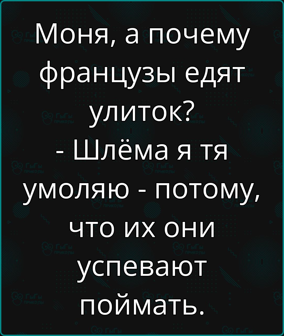 Моня а почему французы едят улиток Шлёма я тя умоляю потому что их они успевают поймать