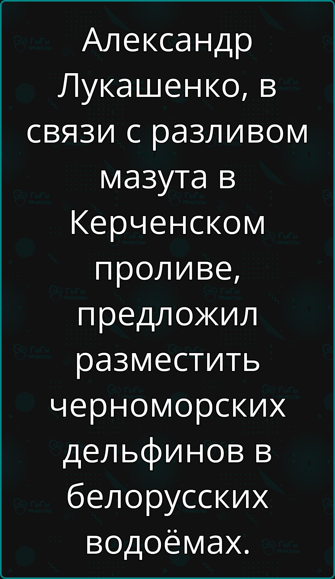 Александр Лукашенко в связи с разливом мазута в Керченском проливе предложил разместить черноморских дельфинов в белорусских водоёмах